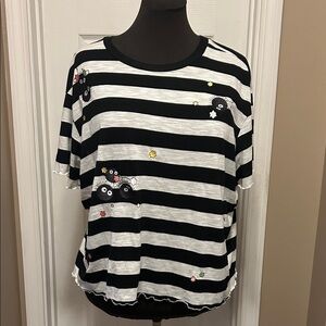 Striped Black and White T-Shirt with Embroidered Soot Sprites